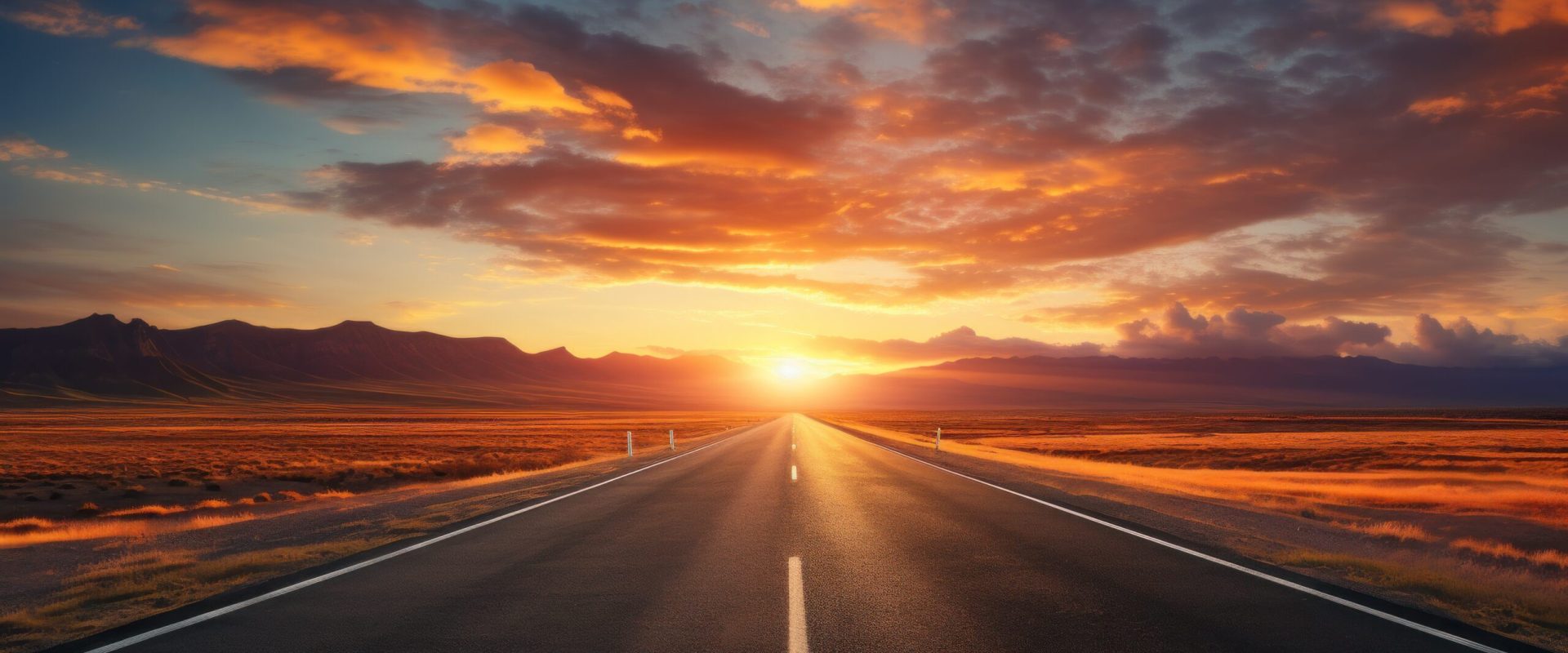 Open road stretches towards  dramatic sunset.